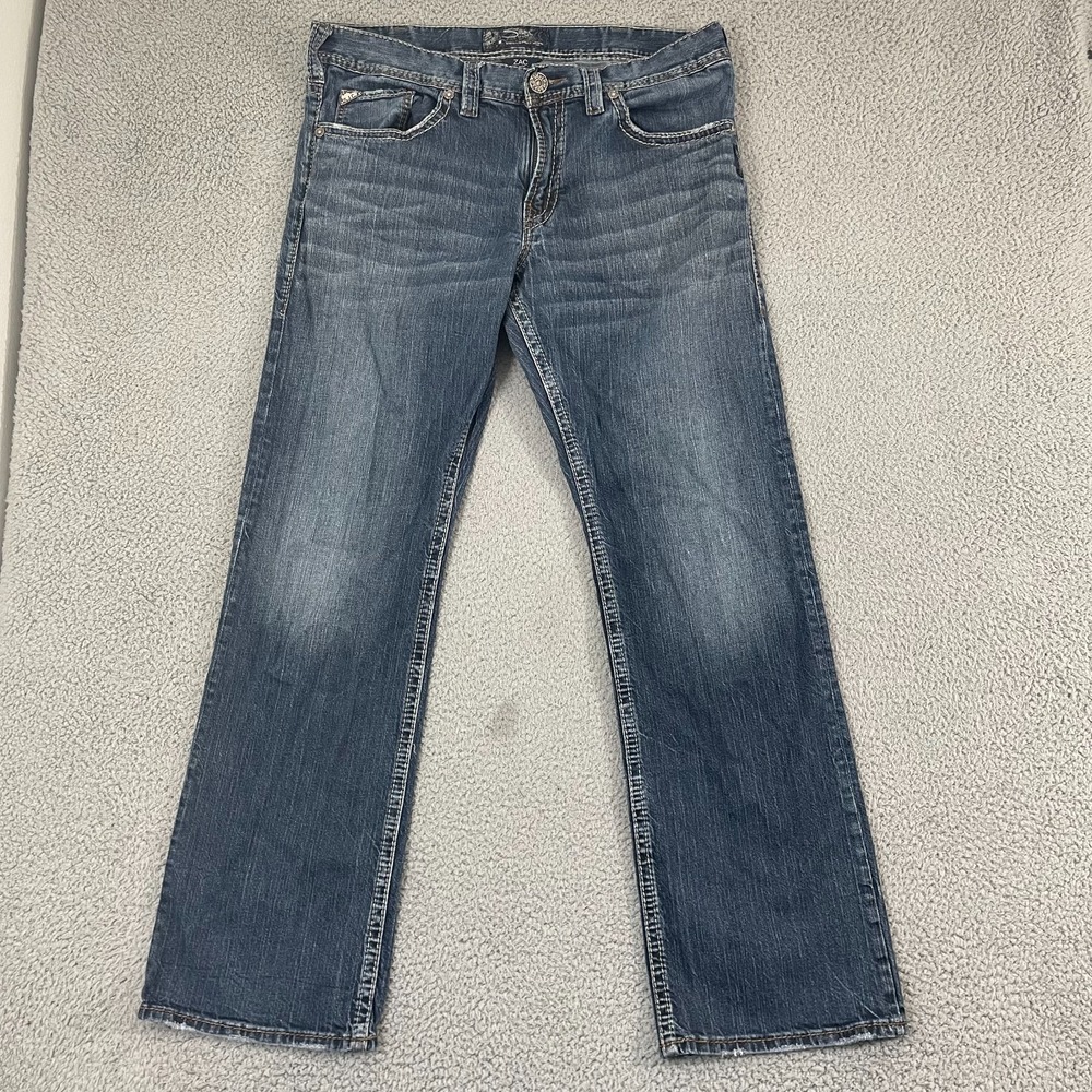 Silver Jeans Co Zac Relaxed Straight 36x34 Medium Wash Distressed Blue Denim